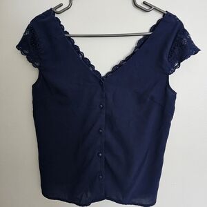 SHEIN Navy Button-Up Blouse with Lace Sleeves